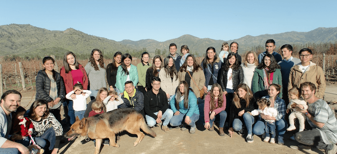 Alumnos, tutores y familias de INCIDE reunidos al aire libre entre viñedos, con los cerros de fondo