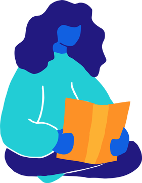 Ilustración de una estudiante sentada leyendo un libro